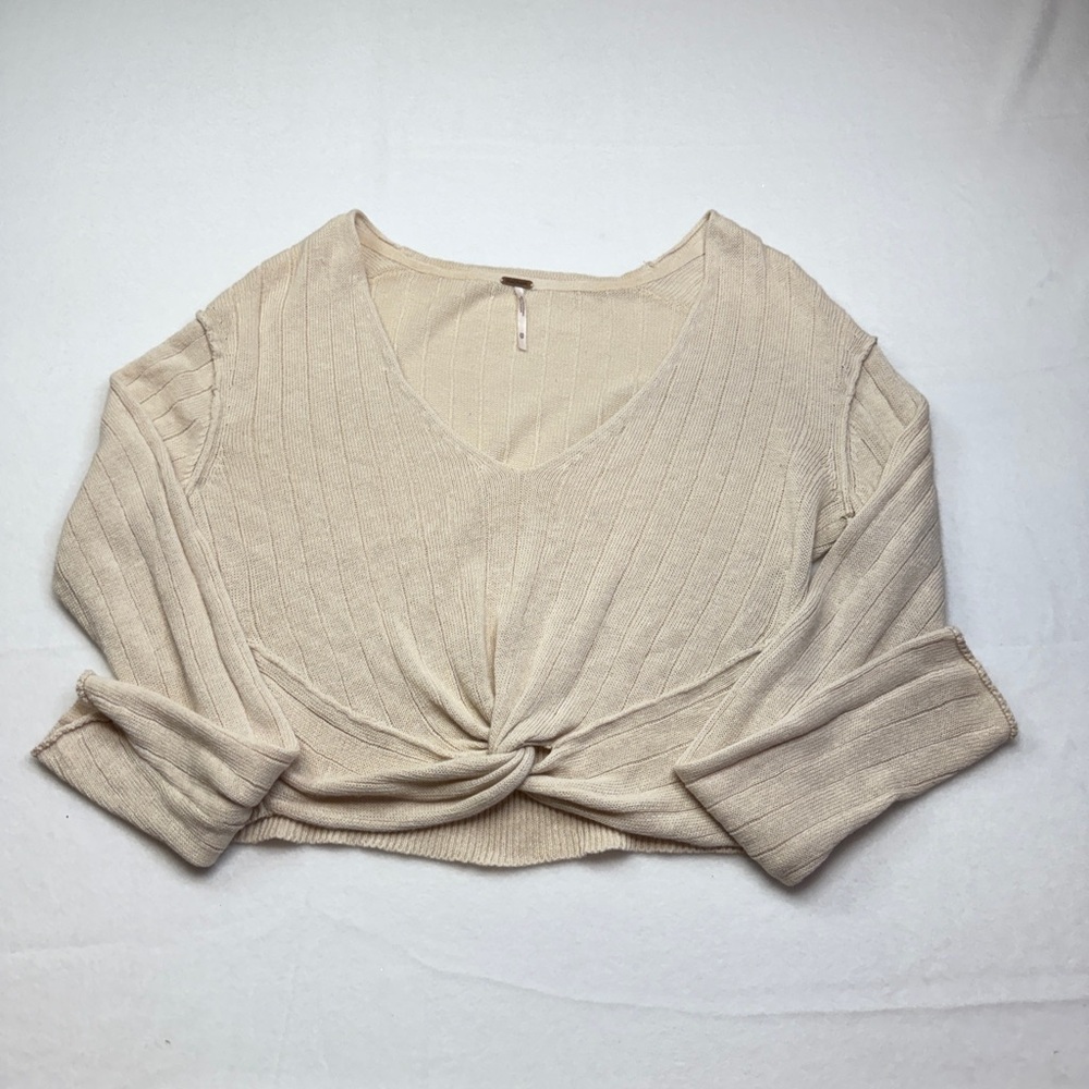 Free People Size XS Tan Cream Tie Front Crop Blouse